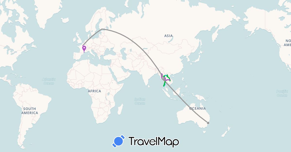 TravelMap itinerary: bus, plane, train, hiking, boat, motorbike in Australia, Finland, France, Laos, Myanmar (Burma), Thailand (Asia, Europe, Oceania)